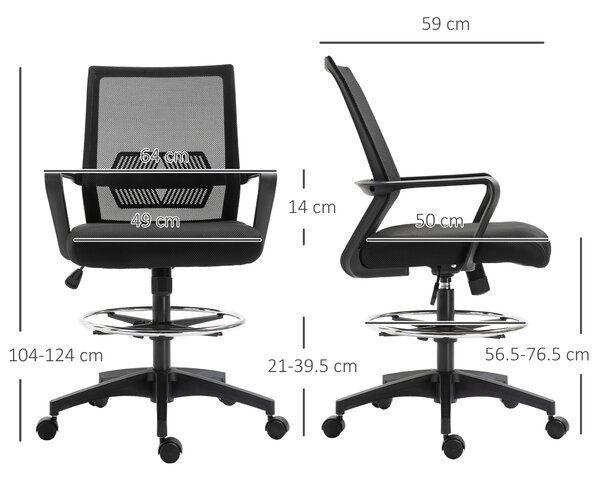 Vinsetto Sedia da Ufficio Regolabile in Tessuto a Rete con Braccioli e Anello Poggiapiedi, Supporto Traspirante, 64x59x104-124 cm, Nero | Aosom Italy