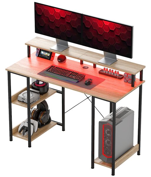 HOMCOM Scrivania per computer 120 cm con ripiani con luci LED, ripiani per l'archiviazione, supporto schermo, naturale