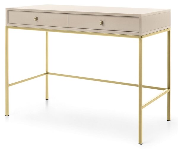 Comò da trucco con due cassetti, color beige, maniglie dorate, dimensioni 104 x 50 x 78 cm