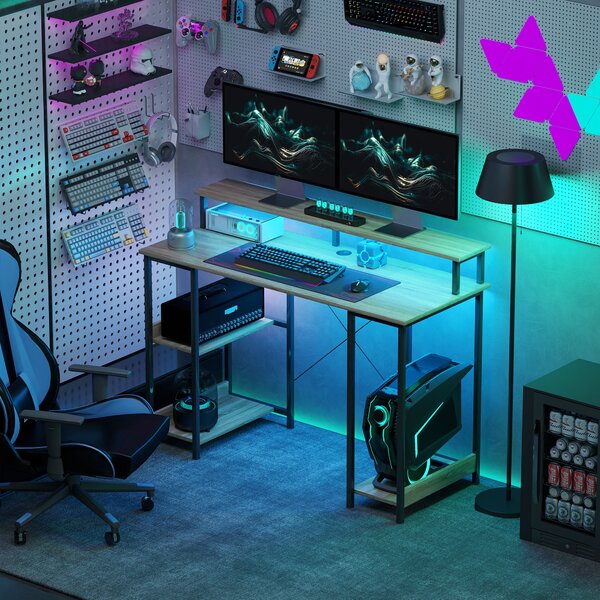 HOMCOM Scrivania per computer 120 cm con ripiani con luci LED, ripiani per l'archiviazione, supporto schermo, naturale