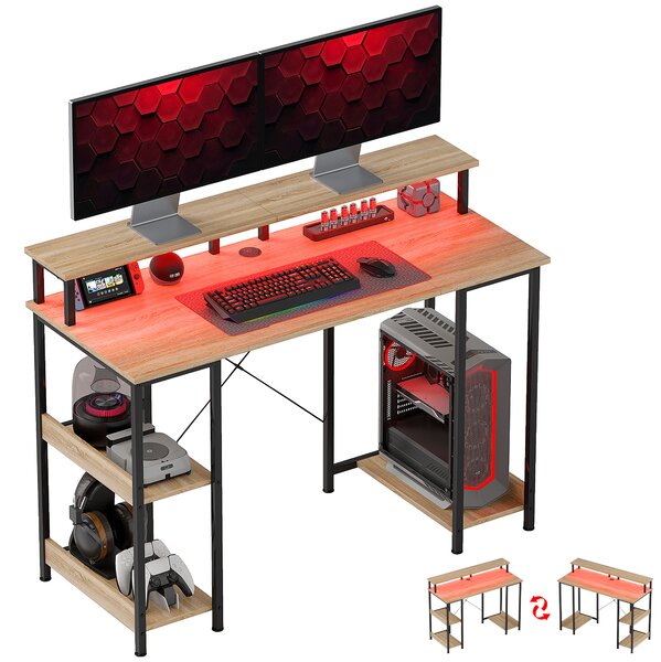 HOMCOM Scrivania per computer 120 cm con ripiani con luci LED, ripiani per l'archiviazione, supporto schermo, naturale