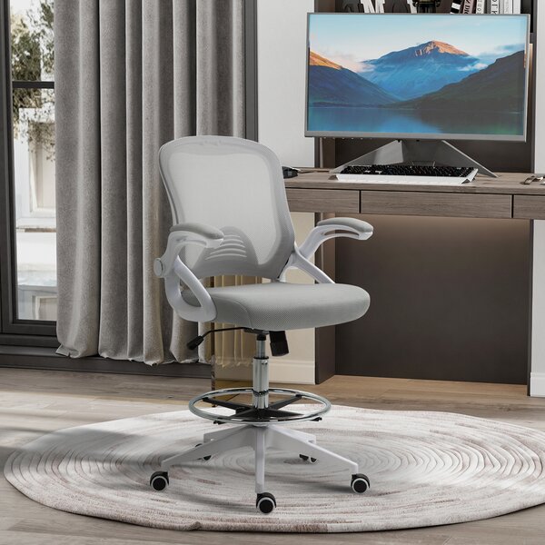 Vinsetto Sedia da ufficio sedia da ufficio con seduta alta regolabile poggiapiedi pieghevole girevole 360° maglia traspirante dim. 64L x 60l x 106-126H cm grigio e bianco