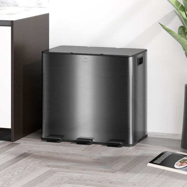 HOMCOM Bidone da cucina 45L con 3 scomparti da 15L, coperchio, secchi interni rimovibili, 3 x 15L, nero