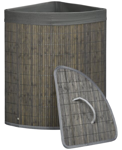 HOMCOM Cesto per il bucato in bambù d'angolo 55L con coperchio e sacco rimovibile 38 x 38 x 57 cm grigio
