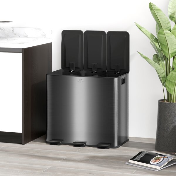 HOMCOM Bidone da cucina 45L con 3 scomparti da 15L, coperchio, secchi interni rimovibili, 3 x 15L, nero
