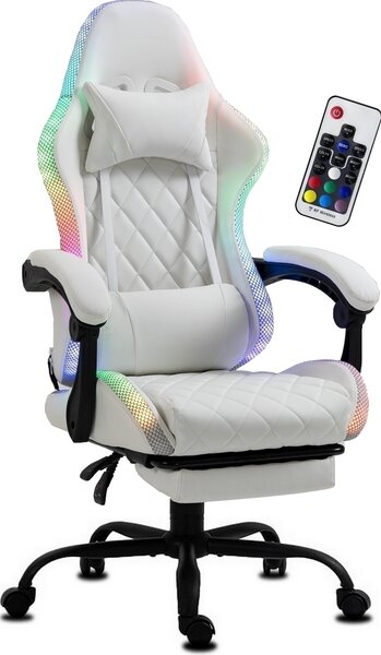 Delman sedia da gioco Sedia ergonomica da ufficio Illuminazione LED RGB Poltrona in Finto cuoio con poggiapiedi Base in metallo 02-0055WT