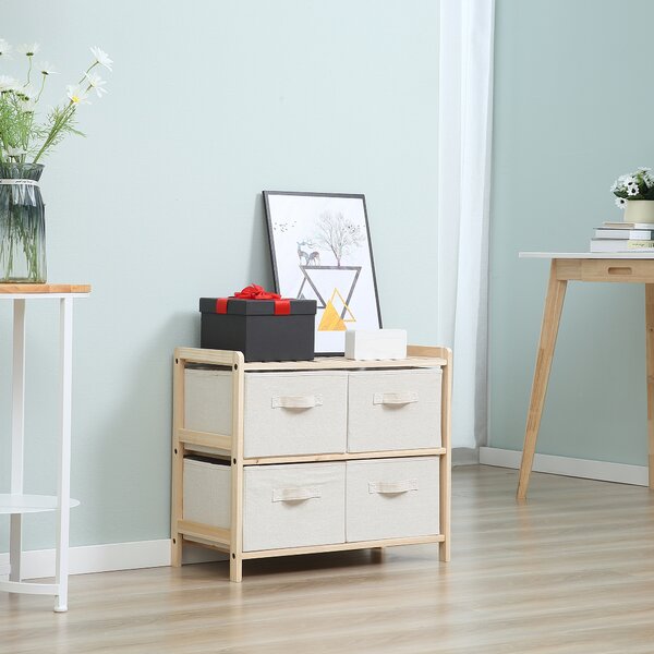 HOMCOM Comò in tessuto mobiletto con 4 cassetti pieghevoli in tessuto di lino stile elegante per camera da letto ufficio soggiorno 59 x 28 x 50 cm legno naturale beige