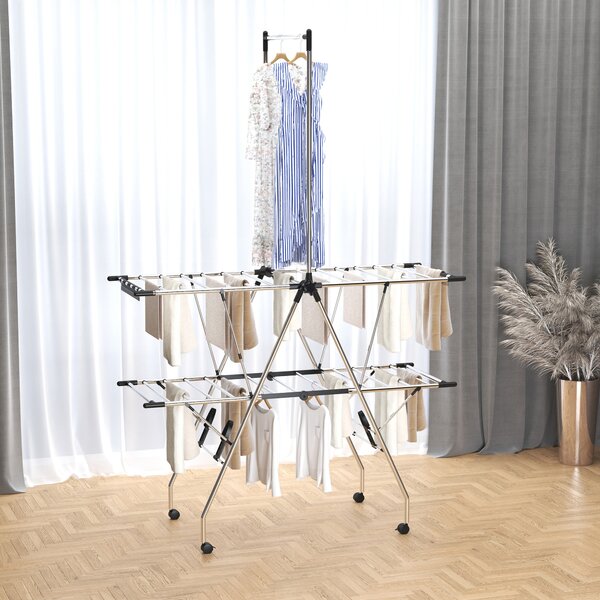 HOMCOM Stendibiancheria pieghevole con ruote ampio spazio di stenditura acciaio inossidabile 138,5 x 63 x 208 cm argento nero