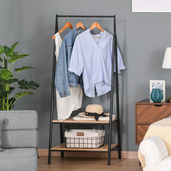 HOMCOM Stand appendiabiti guardaroba stile contemporaneo triangolare dim. 64L x 43l x 149H cm 2 ripiani MDF legno chiaro acciaio nero