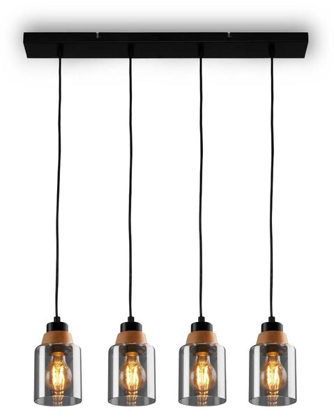 Lampada a sospensione, con legno, vetro fumé, 4xE27/max