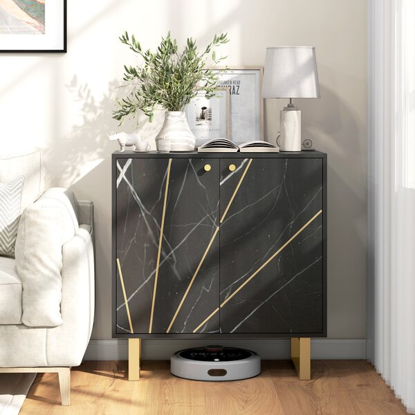 HOMCOM Credenza da archiviazione con 2 porte e ripiano regolabile piedini in metallo 76 x 35 x 77 cm marmo nero