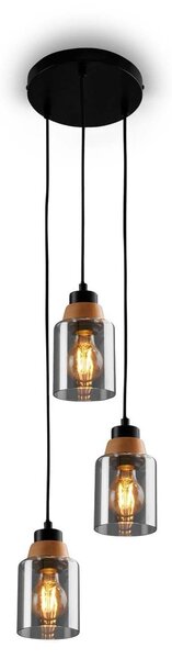 Lampada a sospensione, con legno, vetro fumé, 3xE27/max