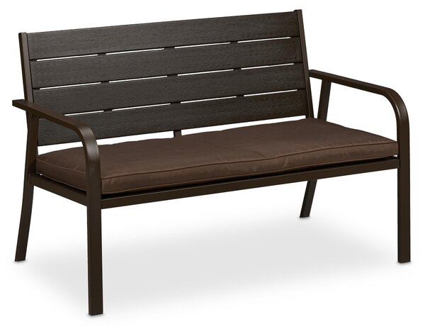 Panchina da giardino Relaxdays con cuscini di seduta, effetto legno, dimensioni: 78 x 118 x 66 cm, a 2 posti, robusta panchina da balcone, panca, marrone