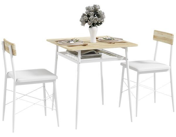 HOMCOM Set tavolo e sedie, tavolo da cucina con sedie, struttura in acciaio, con 2 sedie incassate, bianco quercia