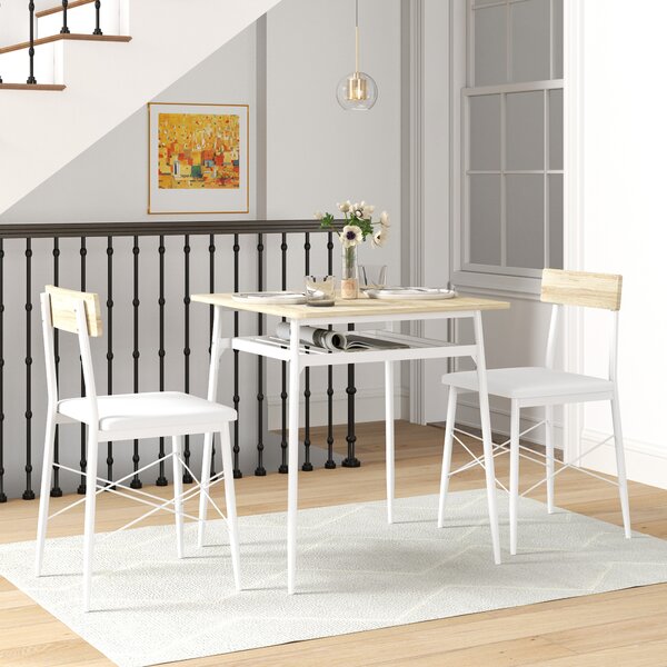 HOMCOM Set tavolo e sedie, tavolo da cucina con sedie, struttura in acciaio, con 2 sedie incassate, bianco quercia