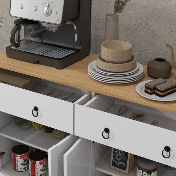 HOMCOM Buffet mobile da salotto armadio da cucina stile rurale 2 cassetti e 2 armadi ripiani a diverse altezze bianco