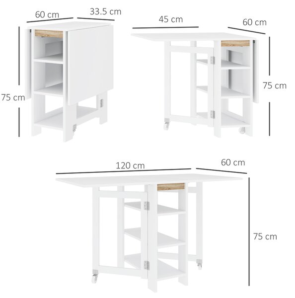 HOMCOM Tavolo Pieghevole Pranzo con 2 Ribalte e Ripiani Espandibile per 4 Persone, 120x60x75 cm, Bianco | Aosom Italy