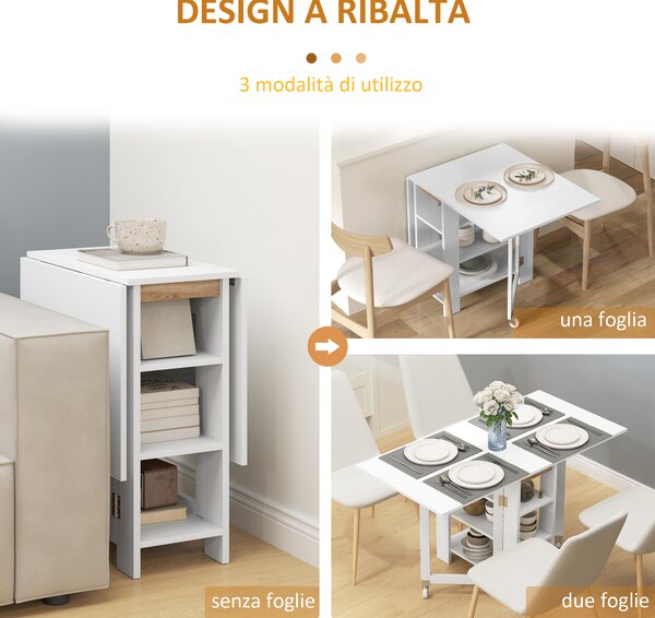 HOMCOM Tavolo Pieghevole Pranzo con 2 Ribalte e Ripiani Espandibile per 4 Persone, 120x60x75 cm, Bianco | Aosom Italy