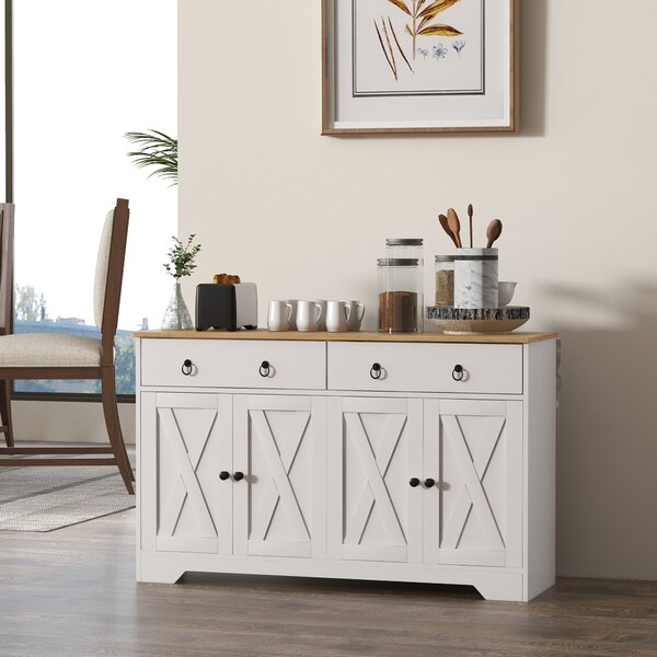 HOMCOM Buffet mobile da salotto armadio da cucina stile rurale 2 cassetti e 2 armadi ripiani a diverse altezze bianco
