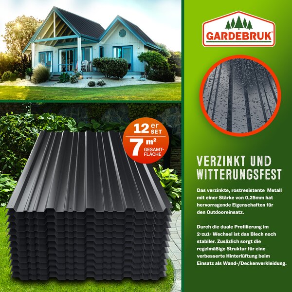 GARDEBRUK 12x Lamiere Zincate Profilate in Metallo129cm x 46cm = 7m² Lastre Ondulate Trapezoidali Pannelli Resistenti Tetto Tettoia Garage Lamiera Grecata