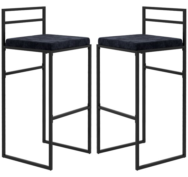HOMCOM Set di 2 sgabelli da bar sgabelli alti cuscino di seduta in velluto poggiapiedi altezza 74 cm nero