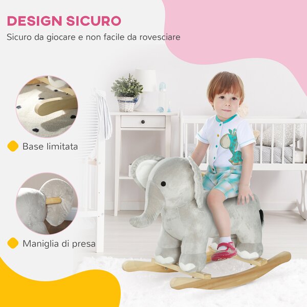 AIYAPLAY Cavallo a Dondolo per Bambini 2-4 Anni a Forma di Elefante con Suoni e Rivestimento Morbido, Grigio