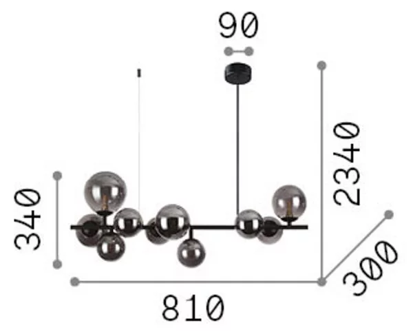 IDEAL LUX lampada a sospensione Perlage, lunghezza 81 cm, ottone/ambra, 10 Perlage, Ottone / Oro, Soggiorno / Sala da pranzo, Metallo