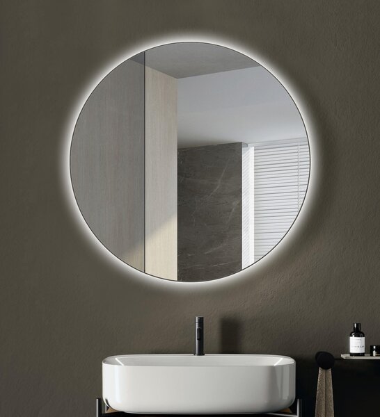 Specchio da bagno con illuminazione rotonda TALOS LED CESA Shine in nero opaco Ø60 cm - luce d'ambiente retroilluminata a 360° in bianco neutro - adatto a locali umidi grazie alla cornice in alluminio