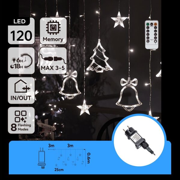 Aigostar - Catena luminosa LED natalizia per esterni 120xLED/6W/230V/8 funzioni 3x0,6m IP44 bianco freddo + telecomando