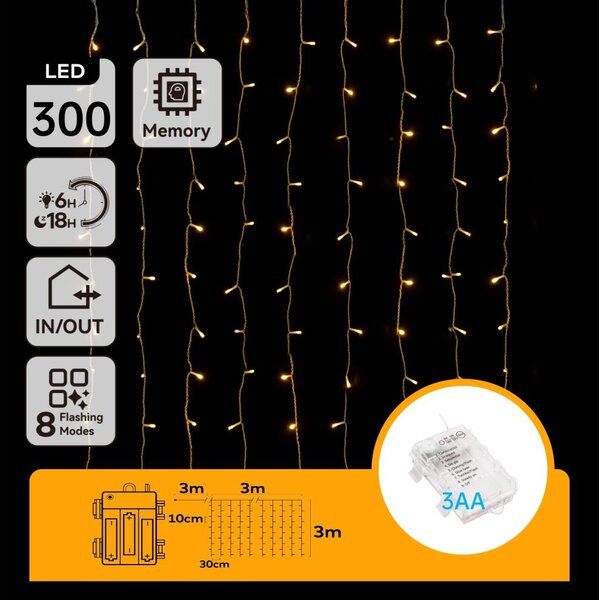 Aigostar - Catena LED natalizia da esterno 300xLED/8 funzioni 3xAA 6x2m IP44 bianco caldo