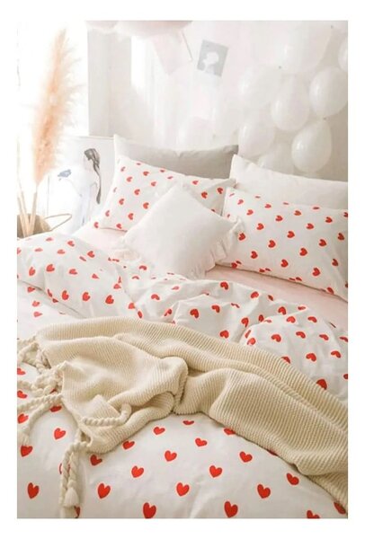 Biancheria da letto matrimoniale color panna in cotone Renforcé con un lenzuolo 4 pezzi 200x220 cm Mini Hearts - Mila Home