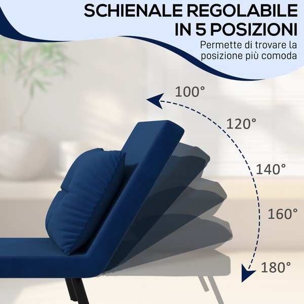 HOMCOM Poltrona Letto Singolo in Tessuto Effetto Velluto Reclinabile in 5 Posizioni con Cuscino Sfoderabile, 63x73x81cm, Blu | Aosom Italy