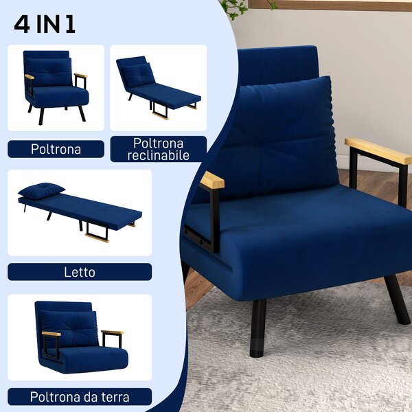 HOMCOM Poltrona Letto Singolo in Tessuto Effetto Velluto Reclinabile in 5 Posizioni con Cuscino Sfoderabile, 63x73x81cm, Blu | Aosom Italy