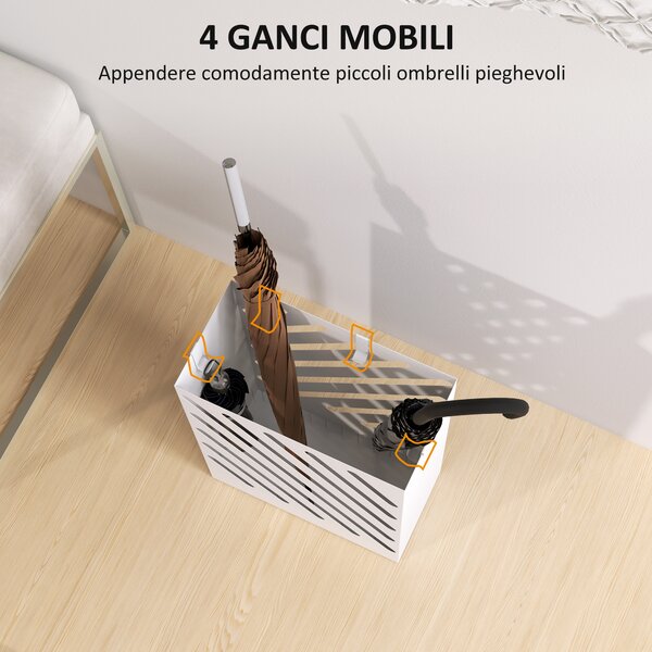 HOMCOM Portaombrelli di Design con Vaschetta Raccogli Gocce e 4 Ganci in Metallo, 28x14x41 cm, Bianco
