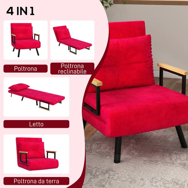 HOMCOM Poltrona Letto Singolo in Tessuto Effetto Velluto Reclinabile in 5 Posizioni con Cuscino Sfoderabile, Rosso|Aosom