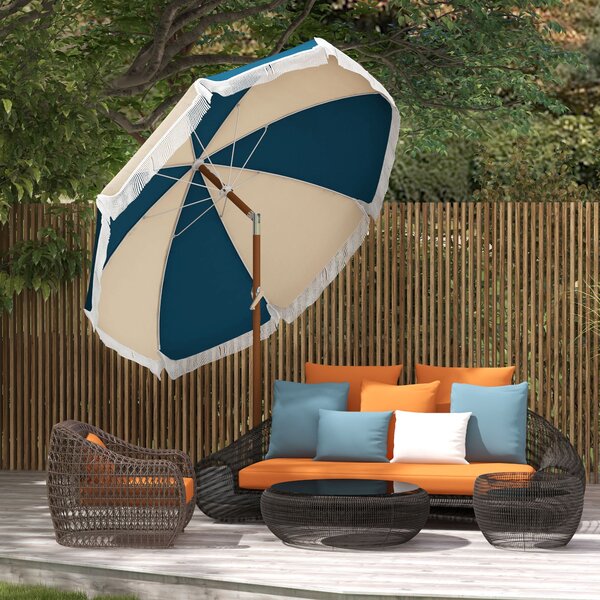Outsunny Ombrellone Rotondo e Inclinabile a 8 Stecche con Manovella, in Poliestere e Acciaio, Ø213x234 cm, Blu e Beige