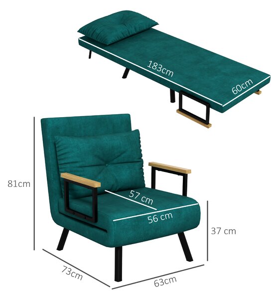 HOMCOM Poltrona Letto 3 in 1 con Schienale Reclinabile in 5 Posizioni e Cuscino, struttura in acciaio e braccioli in legno, 63x73x81 cm, Verde | Aosom Italy