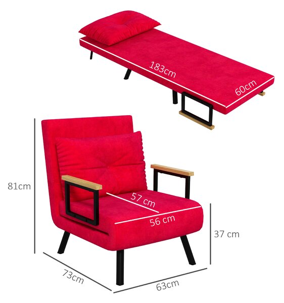 HOMCOM Poltrona Letto Singolo in Tessuto Effetto Velluto Reclinabile in 5 Posizioni con Cuscino Sfoderabile, Rosso|Aosom