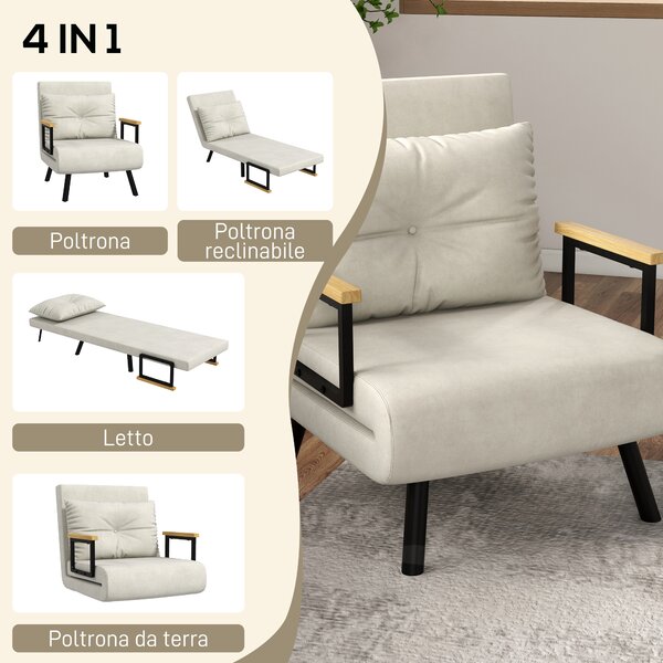 HOMCOM Poltrona Letto Singolo in Tessuto Effetto Velluto Reclinabile in 5 Posizioni con Cuscino Sfoderabile, 63x73x81cm, Crema | Aosom Italy
