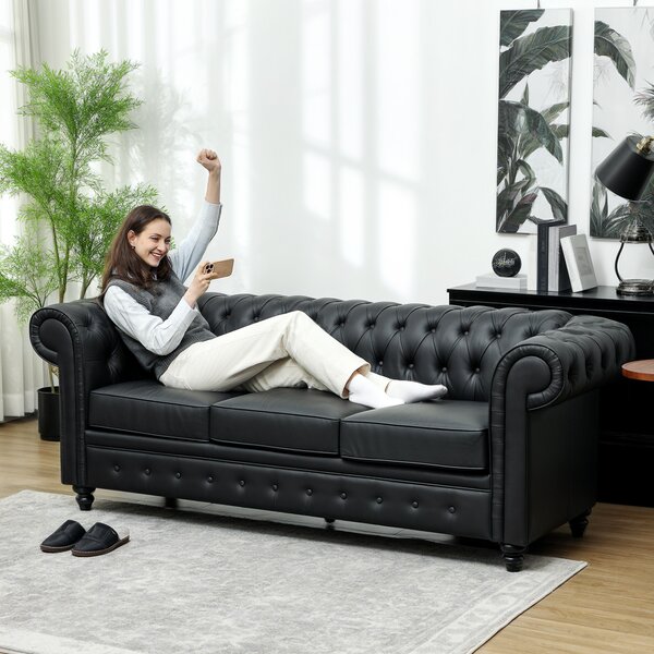 HOMCOM Divano 3 Posti Stile Chesterfield Trapuntato con Molle Insacchettate, Finta Pelle, 213x86x79 cm, Nero
