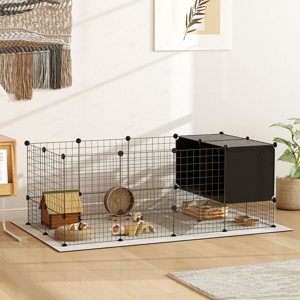 PawHut Gabbia per Animali Piccoli Modulabile con Casette Rialzate per Porcellini d'India e Ricci, Nero