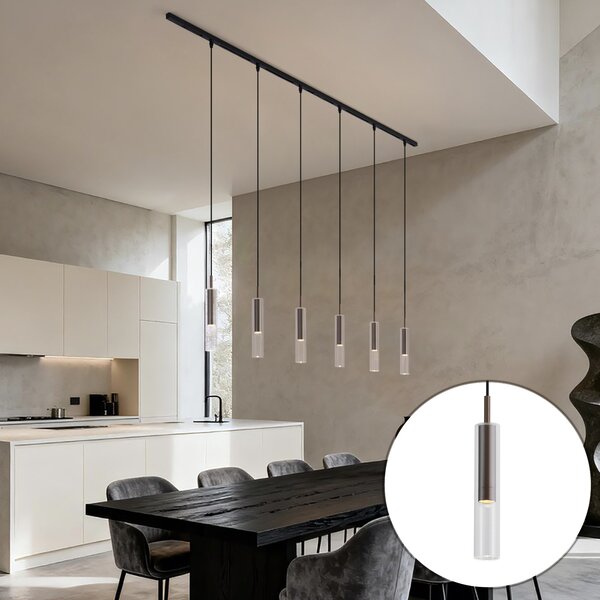 Sistema di illuminazione a binario moderno nero con 6 lampade a sospensione bronzo scuro monofase - Slimline Loyce