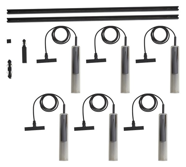 Sistema di illuminazione a binario moderno nero con 6 lampade a sospensione nere con vetro fumé 1 fase - Slimline Loyce