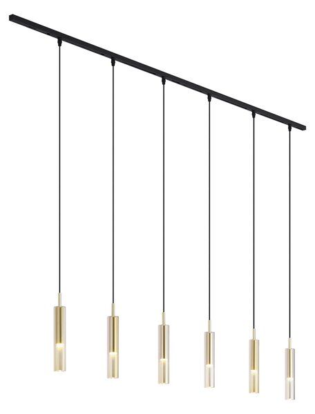 Sistema di illuminazione a binario moderno nero con 6 luci a sospensione oro con vetro ambrato monofase - Slimline Loyce