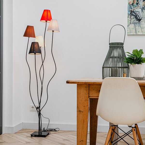 Lampada da terra di design nera con paralumi in tessuto 5 luci - Melis