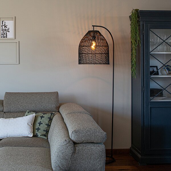 Lampada da terra rustica nera con rattan - Sam