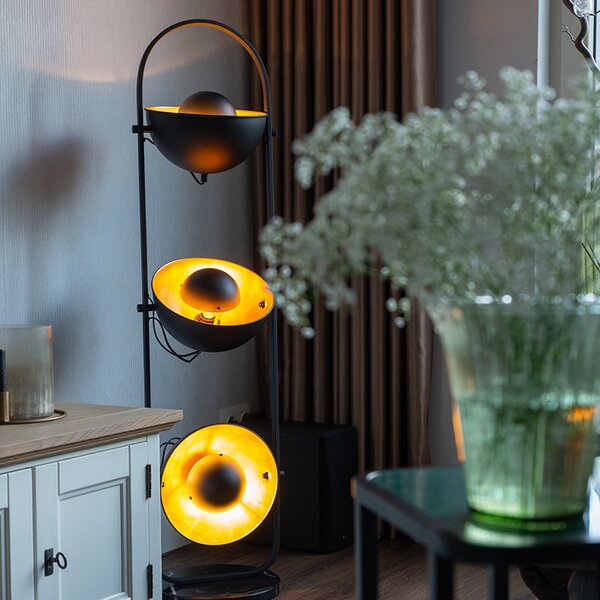 Lampada da terra industriale nera con oro 3 luci - Magnax