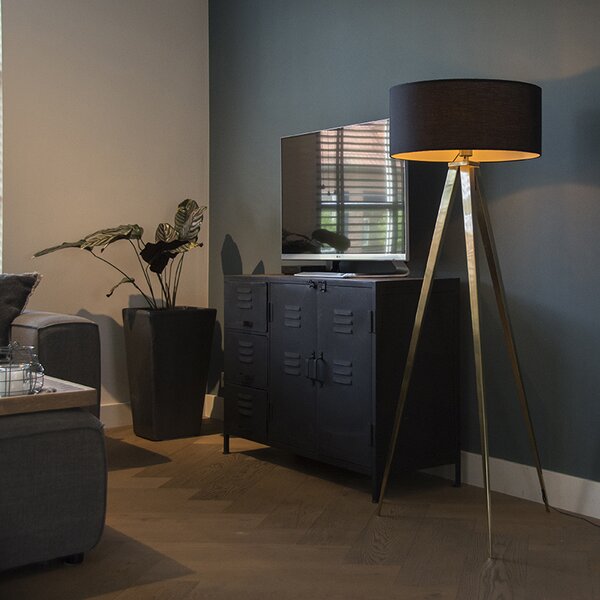 Lampada da terra moderna in ottone con paralume nero - Ilse