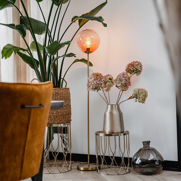 Lampada da terra Art Déco in ottone con vetro rosa - Pallon