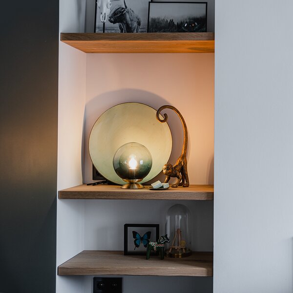 Lampada da tavolo Art Déco in ottone con vetro blu oceano - Pallon